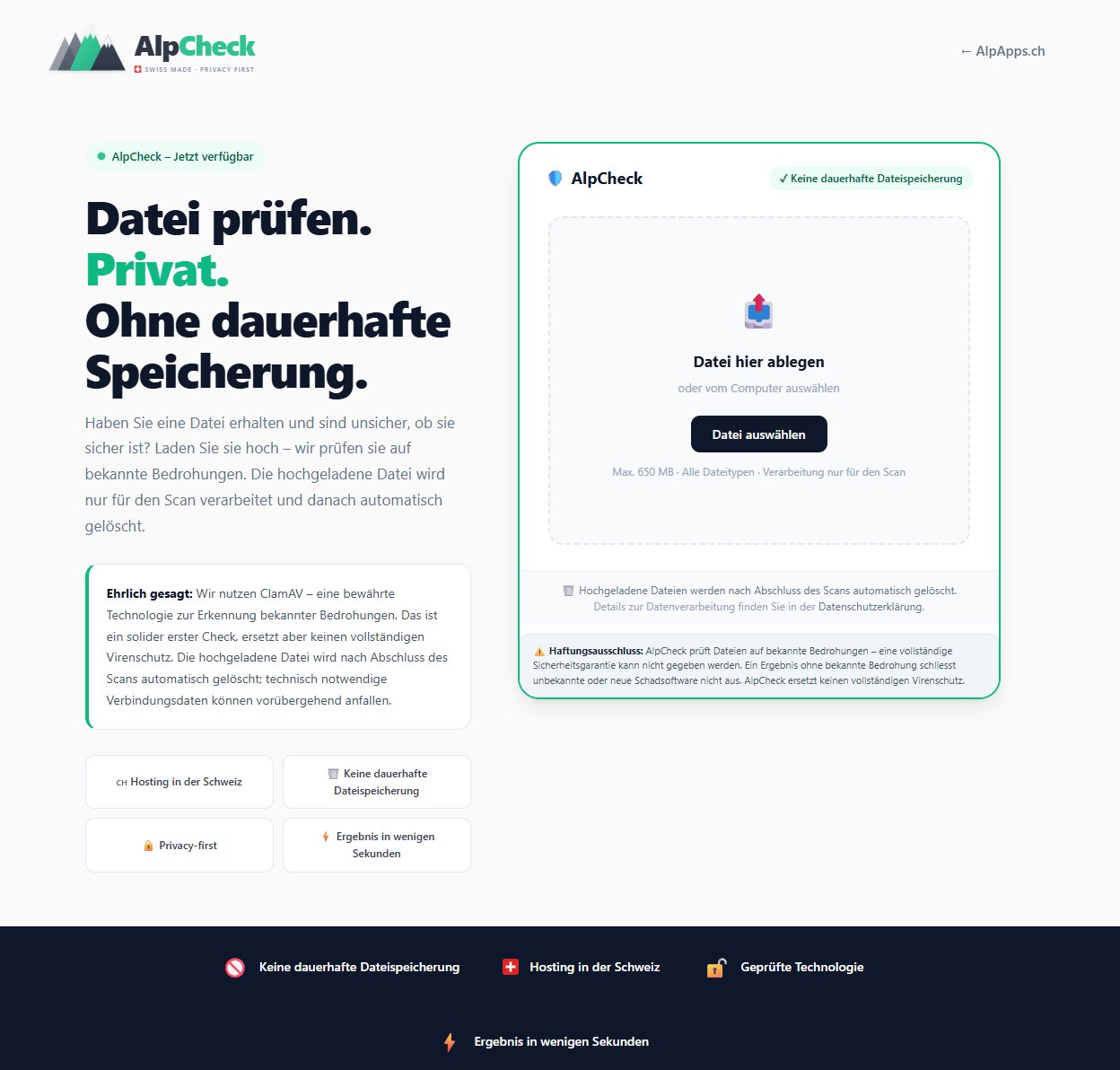 Screenshot der Web-App AlpCheck