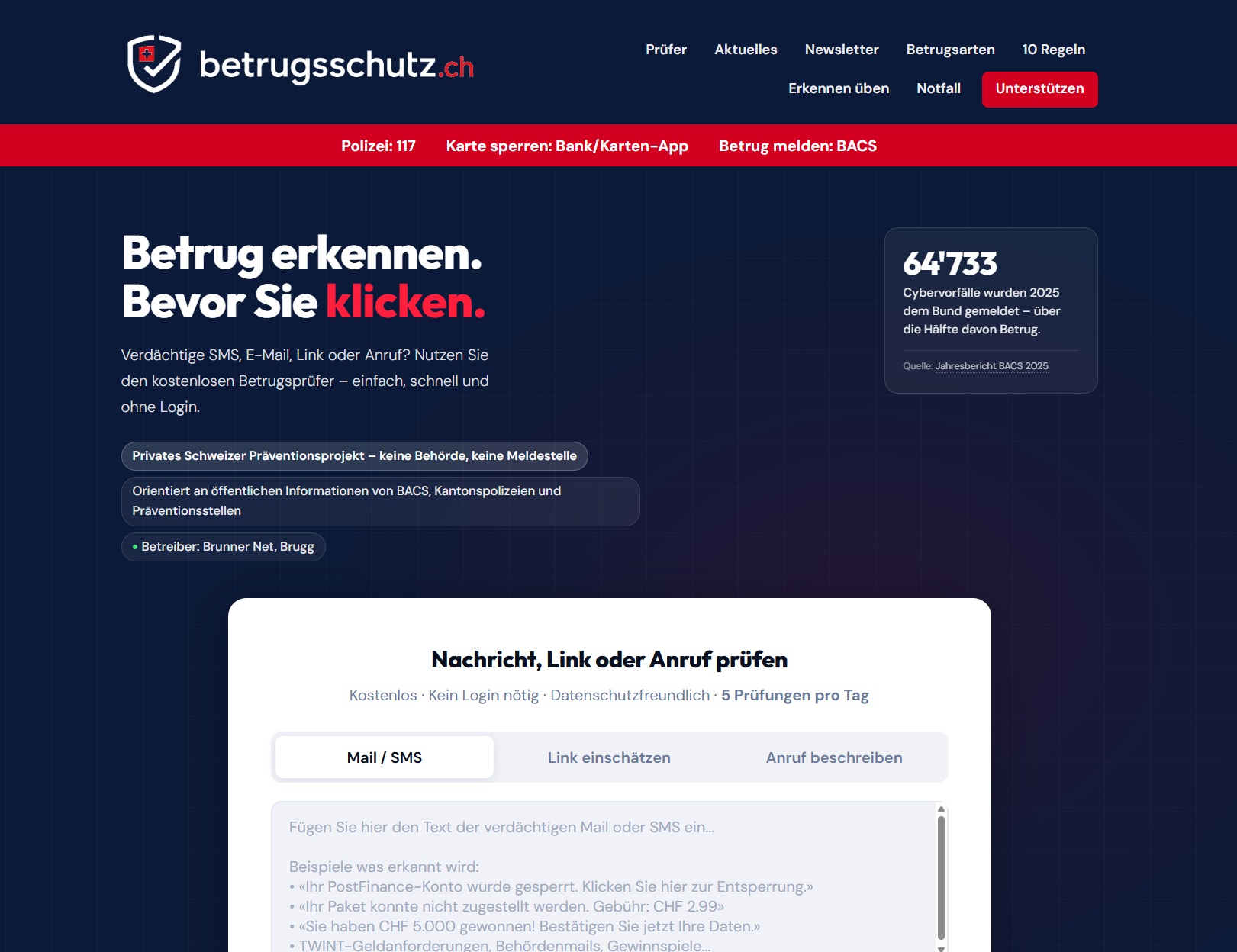 Screenshot der Website betrugsschutz.ch